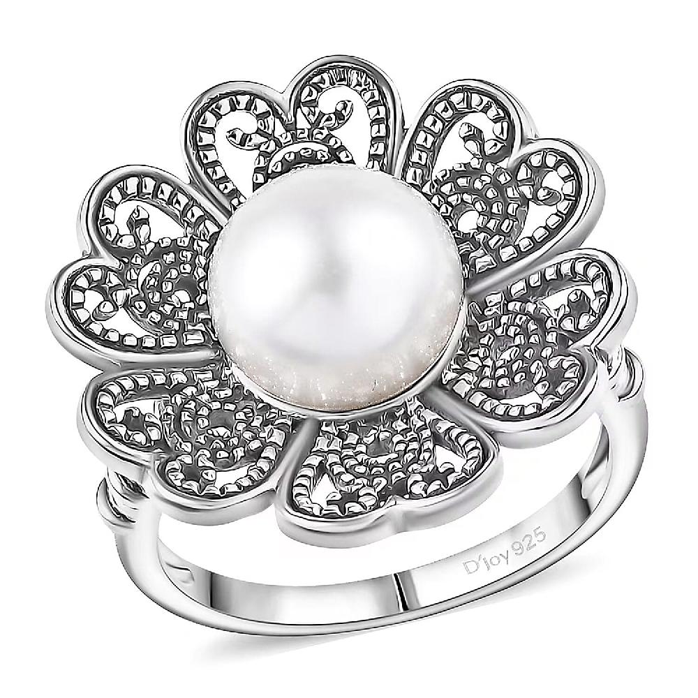 D'Joy Indian Artisan Crafted Freshwater Pearl Flower Petals Ring in Black Oxidised Sterling Silver