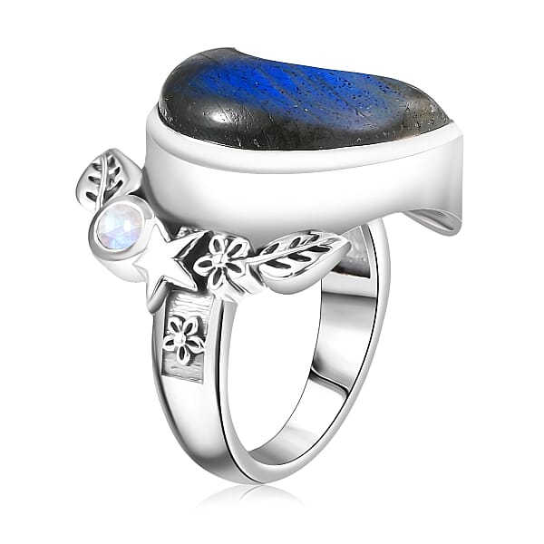 D'Joy Indian Artisan Crafted Malagasy Labradorite Rainbow Moonstone Moon Star Ring In Sterling Silver 9.40 Ctw