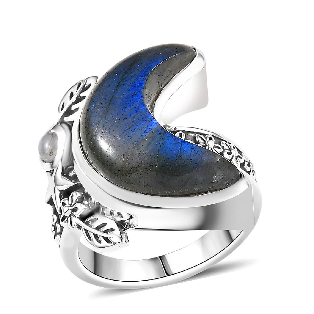 D'Joy Indian Artisan Crafted Malagasy Labradorite Rainbow Moonstone Moon Star Ring in Sterling Silver 9.40 ctw
