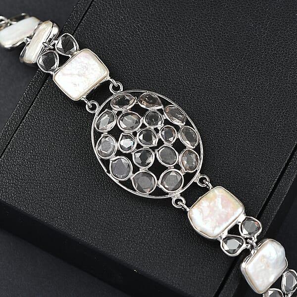 D'Joy Indian Artisan Crafted Polki Moissanite 8.10 Ctw And Freshwater Pearl Bracelet In Rhodium Over Sterling Silver (7.25 In)