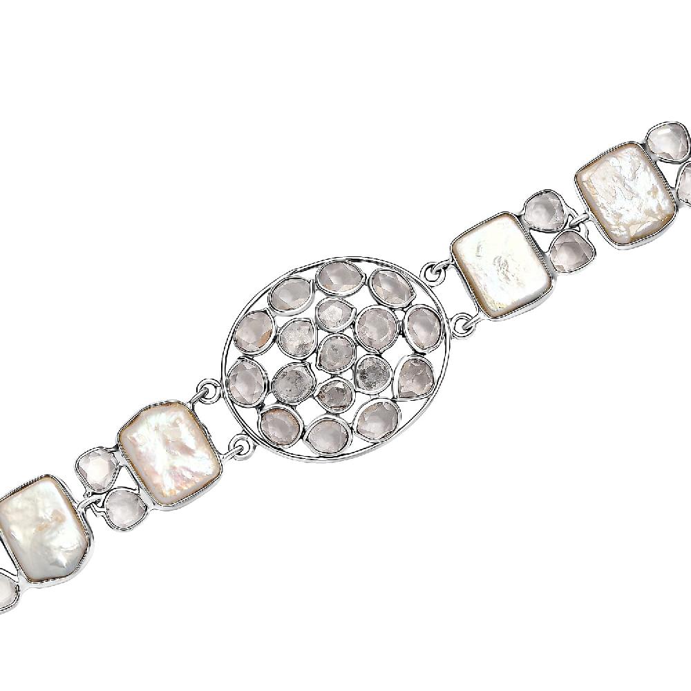 D'Joy Indian Artisan Crafted Polki Moissanite 8.10 ctw and Freshwater Pearl Bracelet in Rhodium Over Sterling Silver (7.25 In)