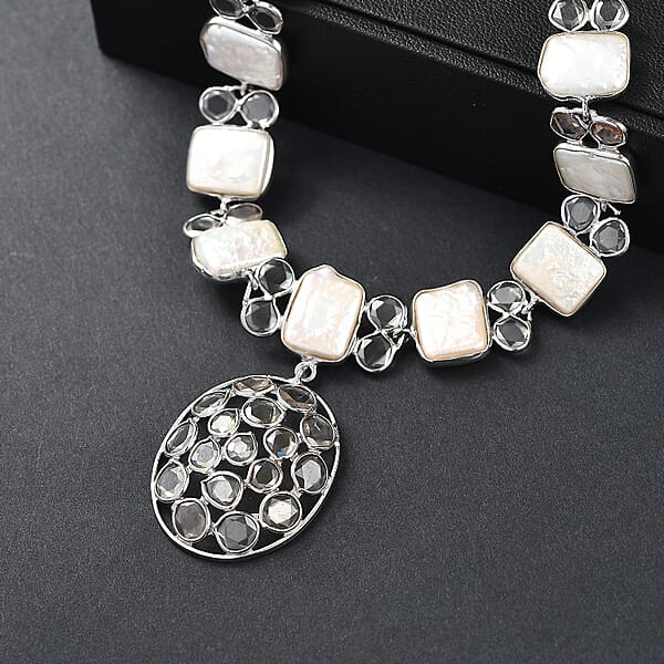 D'Joy Indian Artisan Crafted Polki Moissanite And Freshwater Pearl 9.00 Ctw Necklace In Rhodium Over Sterling Silver 18 Inches