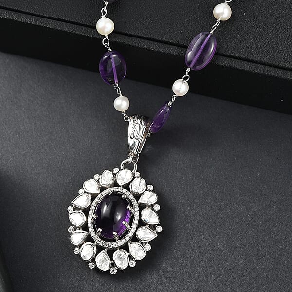D'Joy Indian Artisan Crafted Premium African Amethyst And Multi Gemstone 13.40 Ctw Necklace In Rhodium Over Sterling Silver 18 Inches