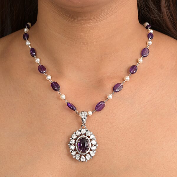 D'Joy Indian Artisan Crafted Premium African Amethyst And Multi Gemstone 13.40 Ctw Necklace In Rhodium Over Sterling Silver 18 Inches