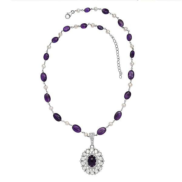 D'Joy Indian Artisan Crafted Premium African Amethyst And Multi Gemstone 13.40 Ctw Necklace In Rhodium Over Sterling Silver 18 Inches