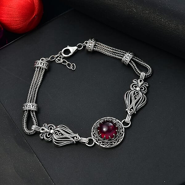 D'Joy Indian Artisan Crafted Premium Niassa Ruby (FF) 7.90 Ctw Bracelet In Black Oxidised Sterling Silver (7.25-8.25In)