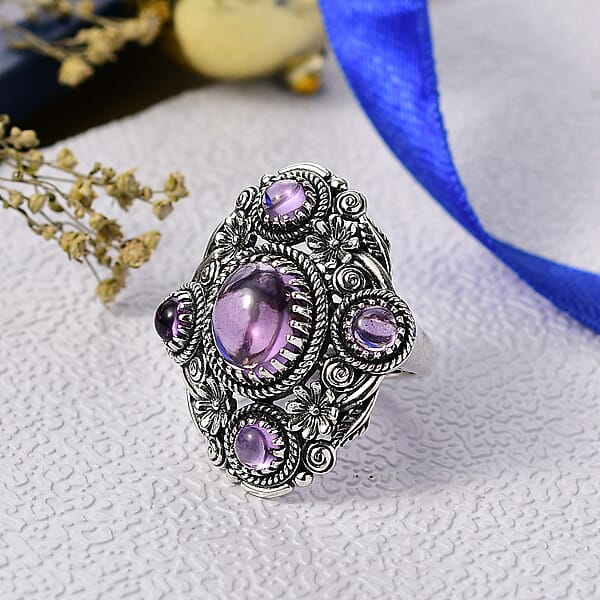 D'Joy Indian Artisan Crafted Premium Rose De France Amethyst 7.15 Ctw Ring In Black Oxidised Sterling Silver