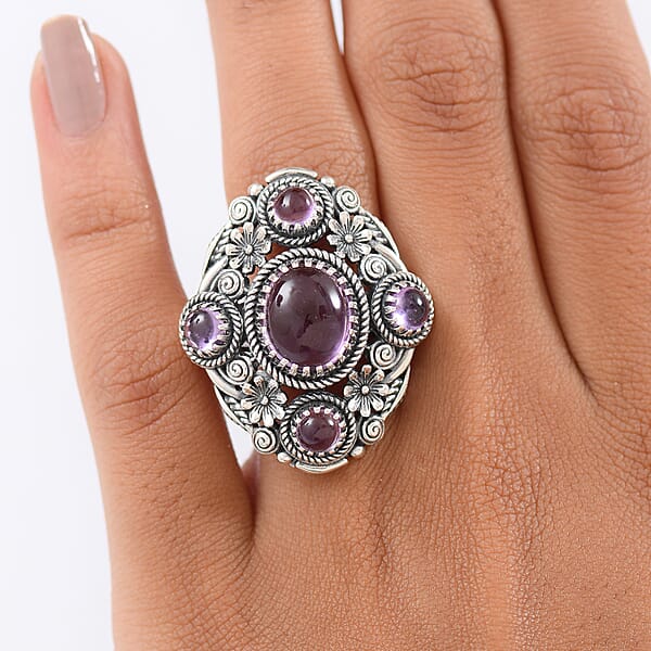 D'Joy Indian Artisan Crafted Premium Rose De France Amethyst 7.15 Ctw Ring In Black Oxidised Sterling Silver