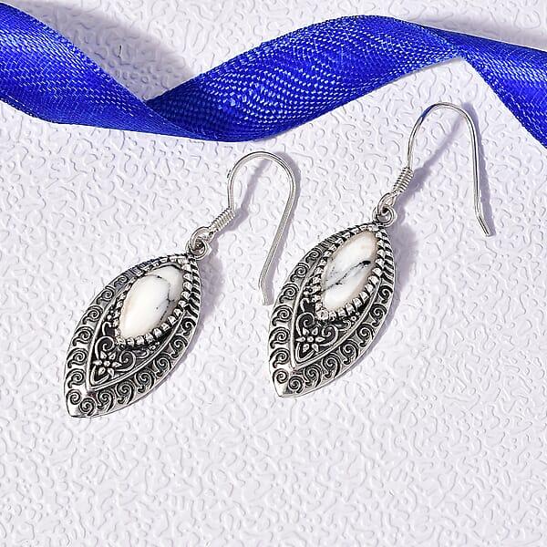 D'Joy Indian Artisan Crafted Premium White Buffalo 6.00 Ctw Earrings In Black Oxidised Sterling Silver