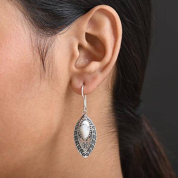 D'Joy Indian Artisan Crafted Premium White Buffalo 6.00 Ctw Earrings In Black Oxidised Sterling Silver