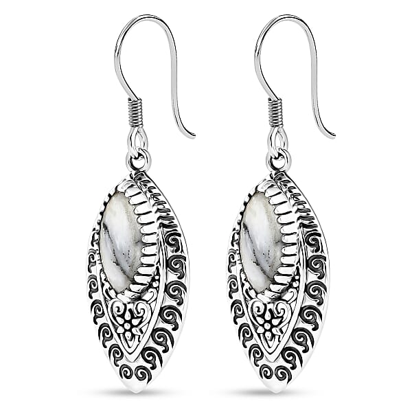 D'Joy Indian Artisan Crafted Premium White Buffalo 6.00 Ctw Earrings In Black Oxidised Sterling Silver