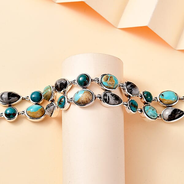 D'Joy Indian Artisan Crafted Royston And Sierra Nevada Turquoise White Buffalo Bracelet 26.60 Ctw In Black Oxidized Sterling Silver (6.50-8.0In)