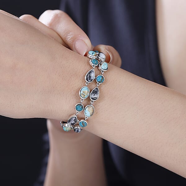 D'Joy Indian Artisan Crafted Royston And Sierra Nevada Turquoise White Buffalo Bracelet 26.60 Ctw In Black Oxidized Sterling Silver (6.50-8.0In)