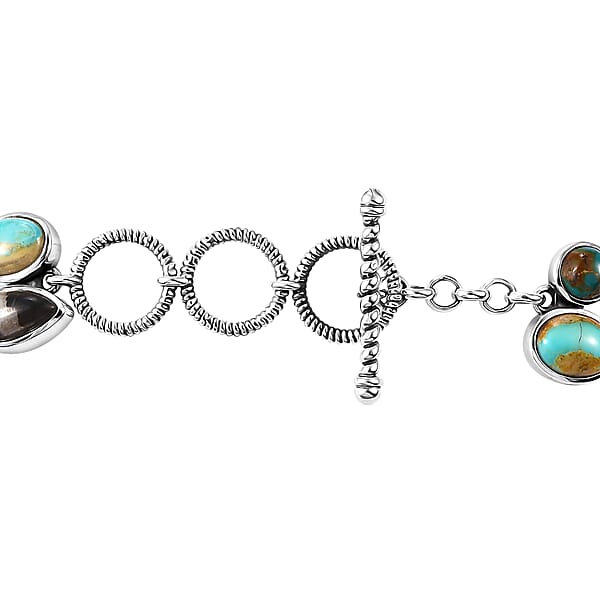 D'Joy Indian Artisan Crafted Royston And Sierra Nevada Turquoise White Buffalo Bracelet 26.60 Ctw In Black Oxidized Sterling Silver (6.50-8.0In)