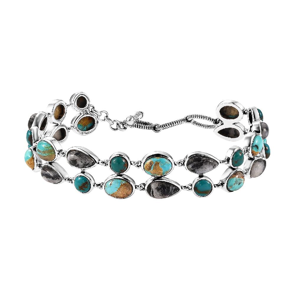 D'Joy Indian Artisan Crafted Royston and Sierra Nevada Turquoise White Buffalo Bracelet 26.60 ctw in Black Oxidized Sterling Silver (6.50-8.0In)