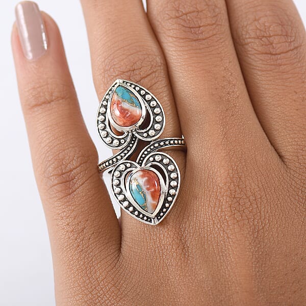 D'Joy Indian Artisan Crafted Spiny Oyster Bypass Ring In Black Oxidised Sterling Silver 4.80 Ctw