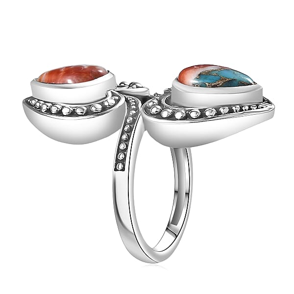 D'Joy Indian Artisan Crafted Spiny Oyster Bypass Ring In Black Oxidised Sterling Silver 4.80 Ctw