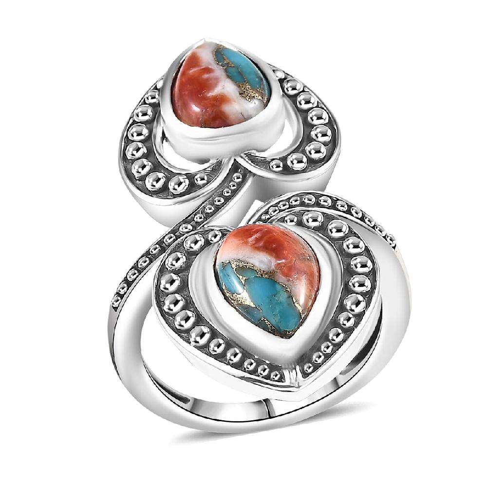 D'Joy Indian Artisan Crafted Spiny Oyster Bypass Ring in Black Oxidised Sterling Silver 4.80 ctw