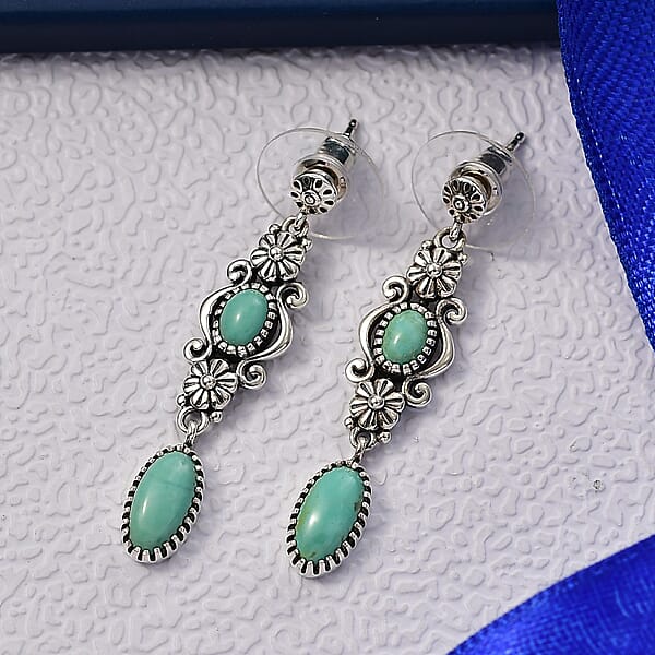 D'Joy Indian Artisan Crafted Tahoe Nevada Turquoise Floral Earrings In Oxidised Sterling Silver 3.00 Ctw