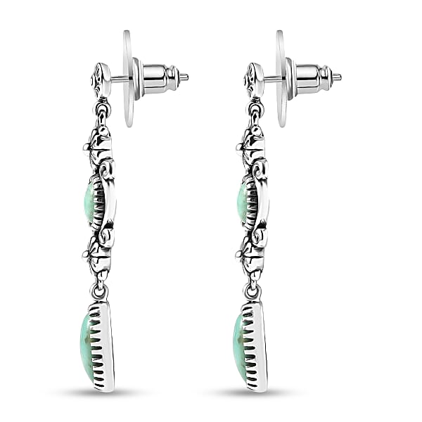 D'Joy Indian Artisan Crafted Tahoe Nevada Turquoise Floral Earrings In Oxidised Sterling Silver 3.00 Ctw