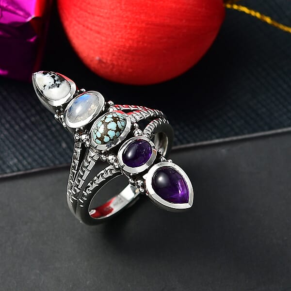 D'Joy Indian Artisan Crafted White Buffalo Multi Gemstone Ring In Black Oxidised Sterling Silver 2.90 Ctw