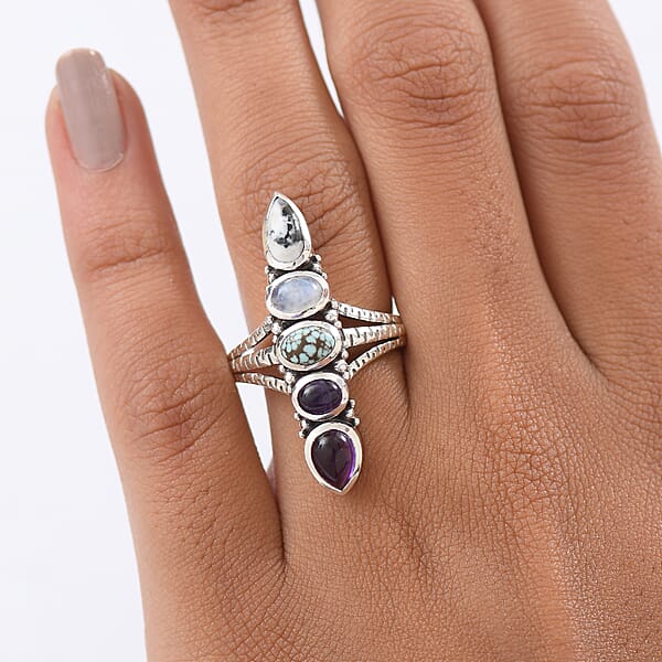 D'Joy Indian Artisan Crafted White Buffalo Multi Gemstone Ring In Black Oxidised Sterling Silver 2.90 Ctw