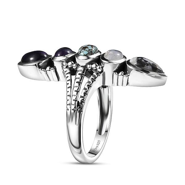D'Joy Indian Artisan Crafted White Buffalo Multi Gemstone Ring In Black Oxidised Sterling Silver 2.90 Ctw