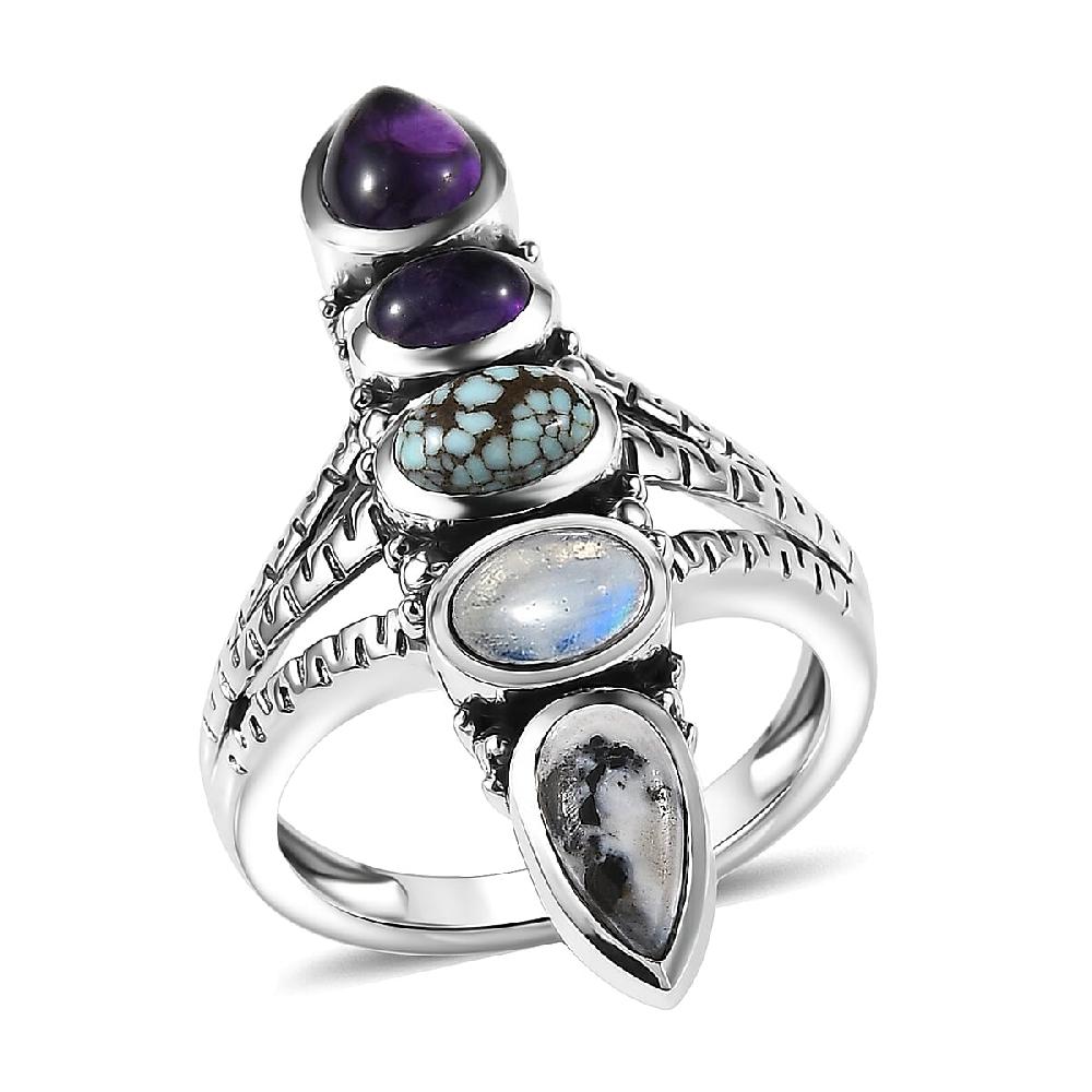 D'Joy Indian Artisan Crafted White Buffalo Multi Gemstone Ring in Black Oxidised Sterling Silver 2.90 ctw