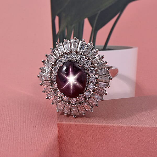D'Joy Indian Star Ruby Moissanite Ring In Rhodium Over Sterling Silver 9.65 Ctw