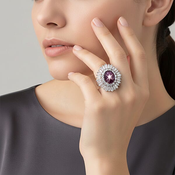 D'Joy Indian Star Ruby Moissanite Ring In Rhodium Over Sterling Silver 9.65 Ctw