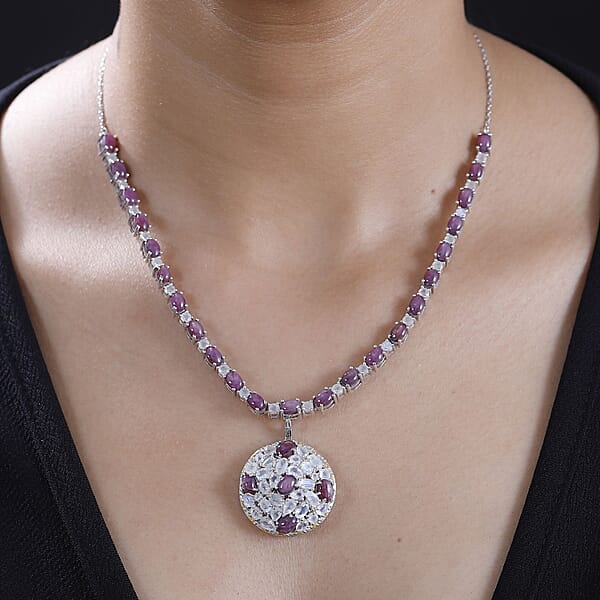 D'Joy Indian Star Ruby Moon Glow Moonstone Celestial Necklace In Vermeil YG And Platinum Over Sterling Silver 32.20 Ctw (18 Inches)