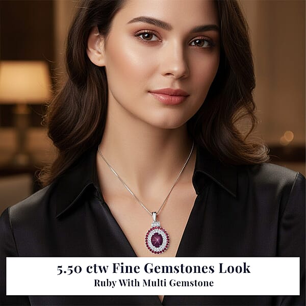 D'Joy Indian Star Ruby Multi Gemstone Pendant Necklace In Rhodium Over Sterling Silver 5.50 Ctw (20 Inches)