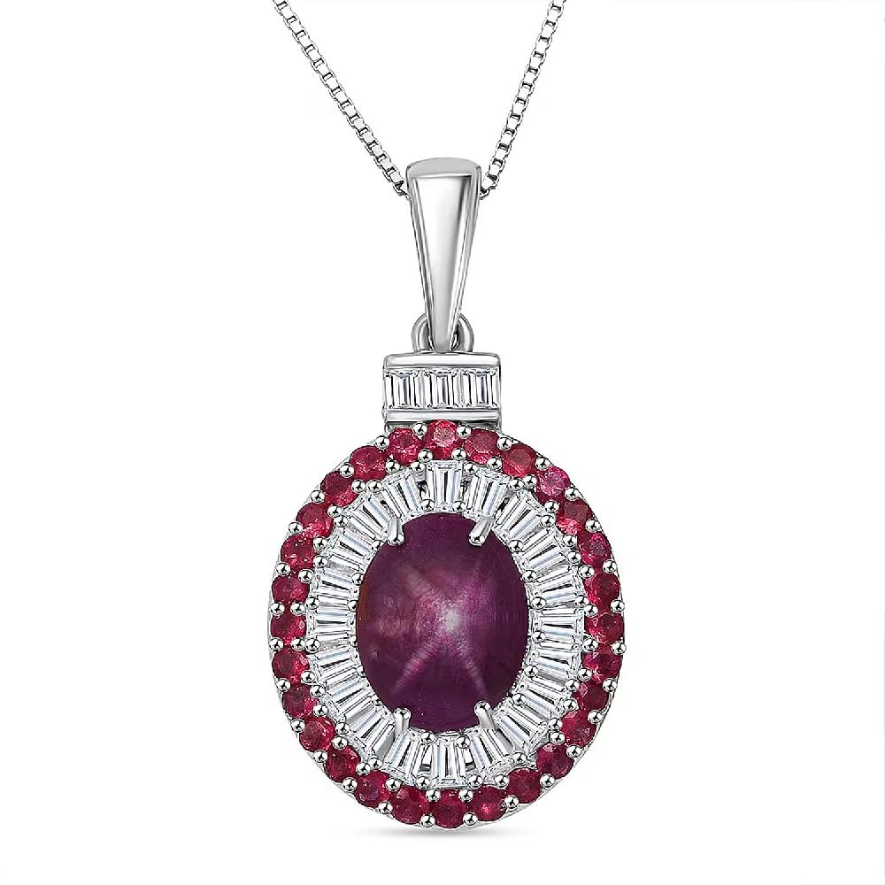 D'Joy Indian Star Ruby Multi Gemstone Pendant Necklace in Rhodium Over Sterling Silver 5.50 ctw (20 Inches)