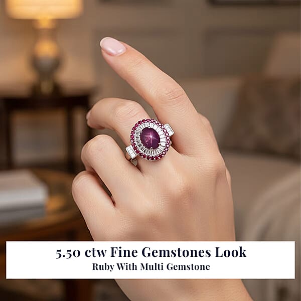 D'Joy Indian Star Ruby Multi Gemstone Star Ring In Rhodium Over Sterling Silver 5.50 Ctw