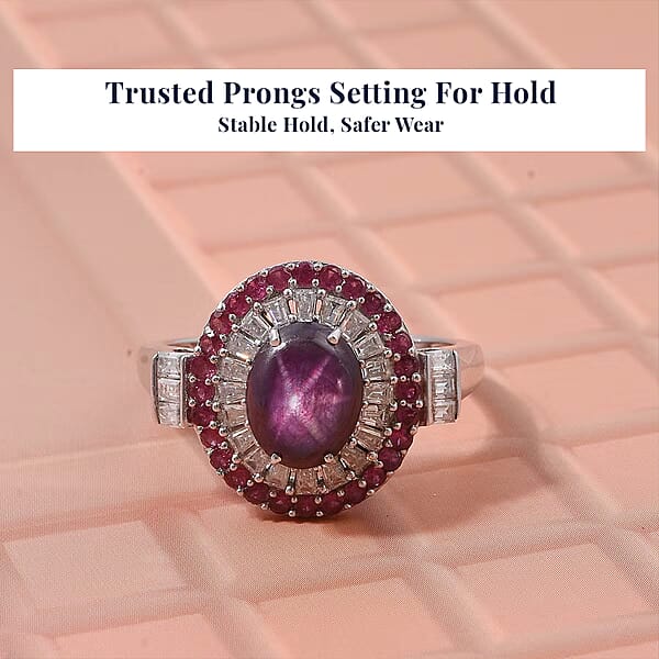 D'Joy Indian Star Ruby Multi Gemstone Star Ring In Rhodium Over Sterling Silver 5.50 Ctw
