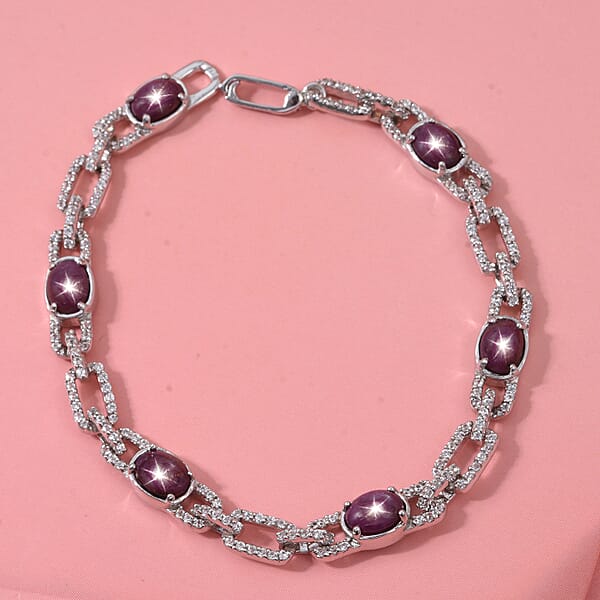 D'Joy Indian Star Ruby White Zircon Bracelet In Rhodium Over Sterling Silver 9.25 Ctw (6.50 Inches)