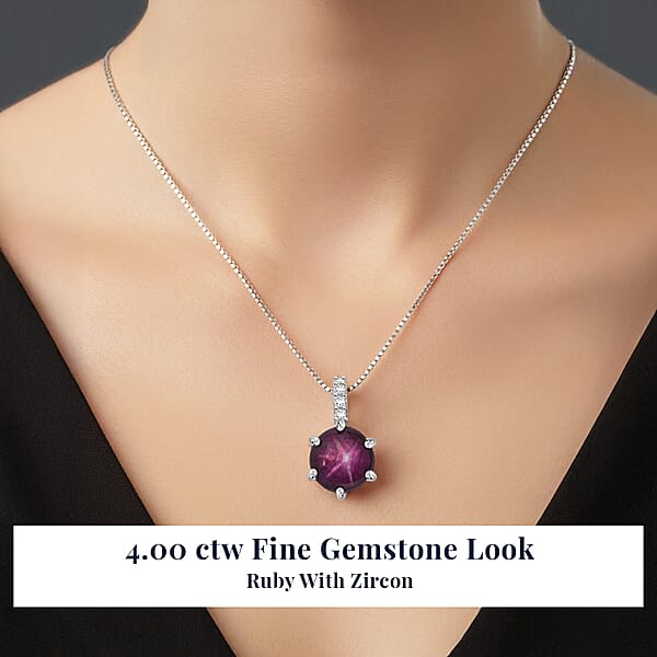 D'Joy Indian Star Ruby White Zircon Pendant Necklace In Rhodium Over Sterling Silver 4.00 Ctw (18 Inches)