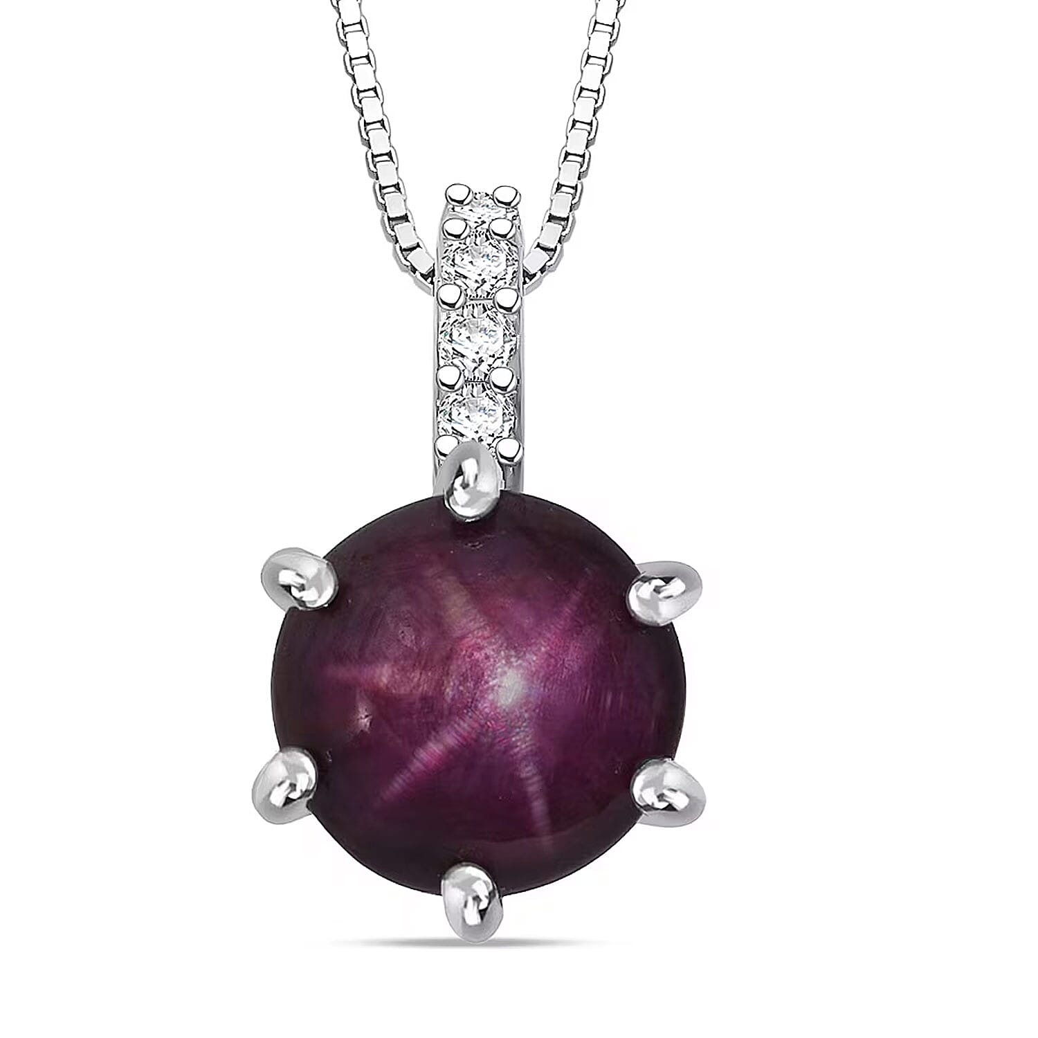 D'Joy Indian Star Ruby White Zircon Pendant Necklace in Rhodium Over Sterling Silver 4.00 ctw (18 Inches)