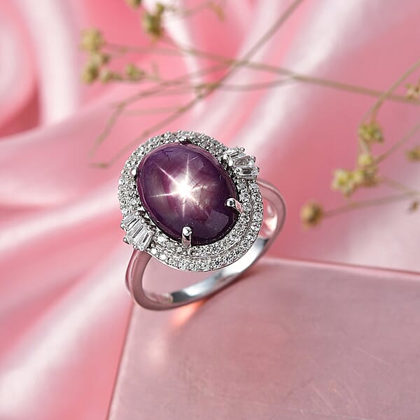 D'Joy Indian Star Ruby White Zircon Ring In Rhodium Over Sterling Silver 11.70 Ctw