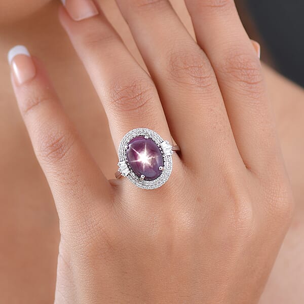 D'Joy Indian Star Ruby White Zircon Ring In Rhodium Over Sterling Silver 11.70 Ctw
