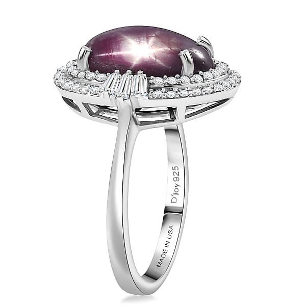 D'Joy Indian Star Ruby White Zircon Ring In Rhodium Over Sterling Silver 11.70 Ctw
