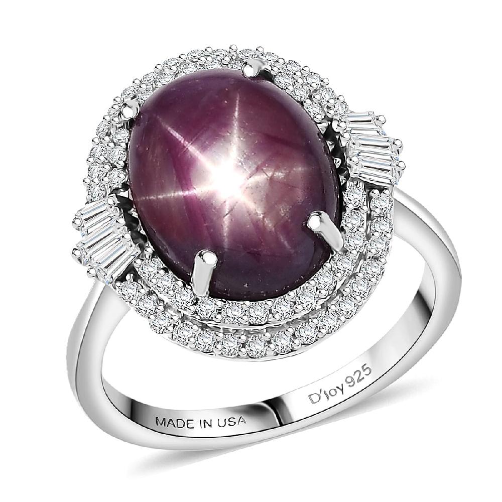 D'Joy Indian Star Ruby White Zircon Ring in Rhodium Over Sterling Silver 11.70 ctw