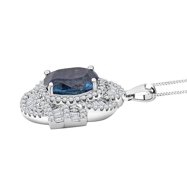 D'Joy Indigo Kyanite And Moissanite 5.25 Ctw Swirl Halo Pendant Necklace In Rhodium Over Sterling Silver 20 Inches