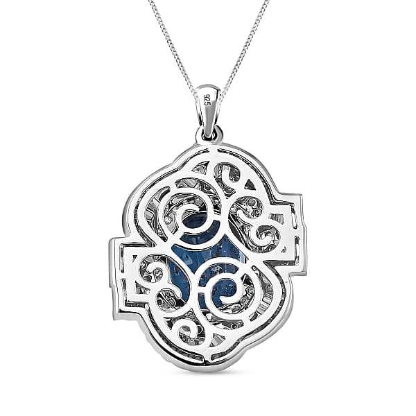 D'Joy Indigo Kyanite And Moissanite 5.25 Ctw Swirl Halo Pendant Necklace In Rhodium Over Sterling Silver 20 Inches