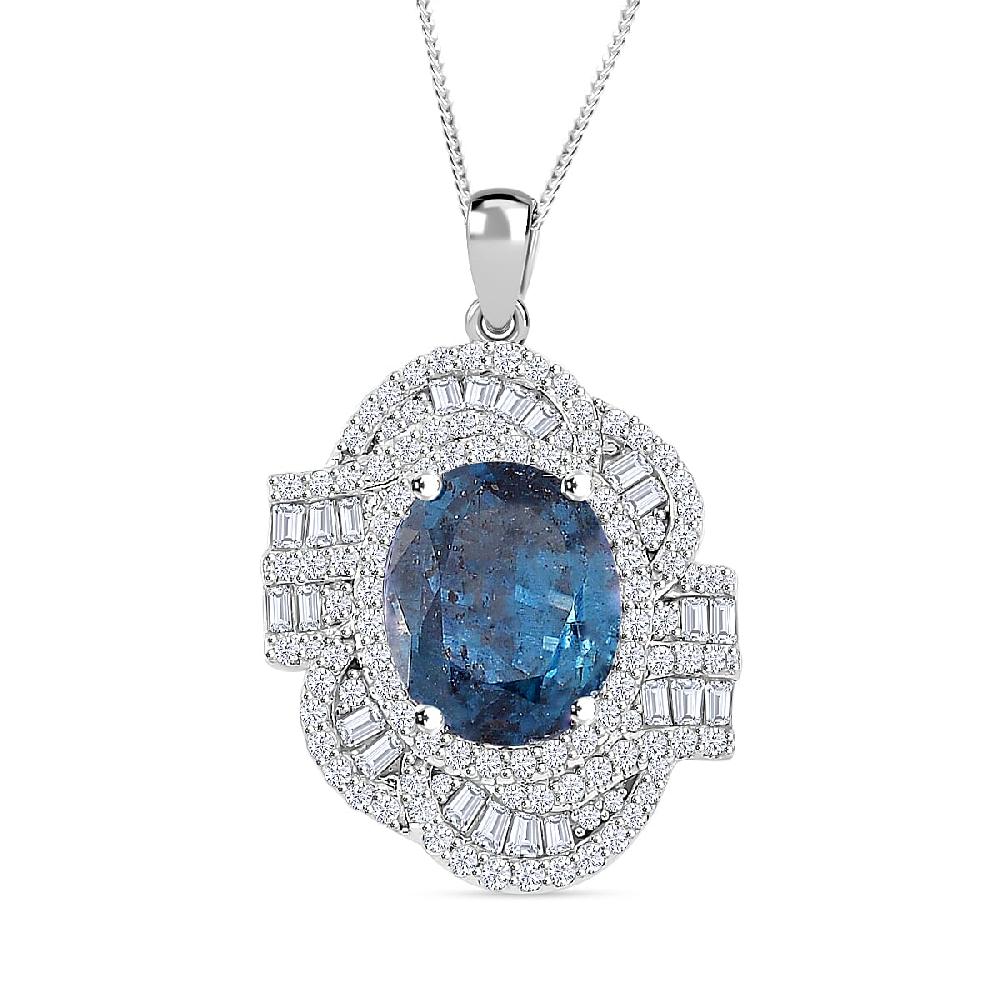 D'Joy Indigo Kyanite and Moissanite 5.25 ctw Swirl Halo Pendant Necklace in Rhodium Over Sterling Silver 20 Inches