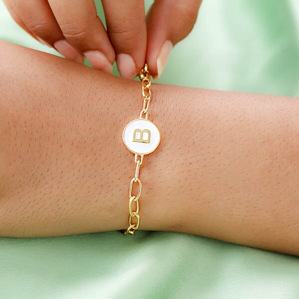 D'Joy Intial B Paper Clip Bracelet Vermeil Yellow Gold Over Sterling Silver Bracelet Intial Bracelet White Enamel Coin Bracelet (7.25 In) 5.90 Grams