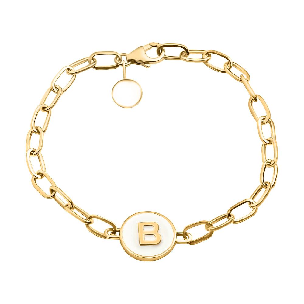 D'Joy Intial B Paper Clip Bracelet Vermeil Yellow Gold Over Sterling Silver Bracelet Intial Bracelet White Enamel Coin Bracelet (7.25 In) 5.90 Grams