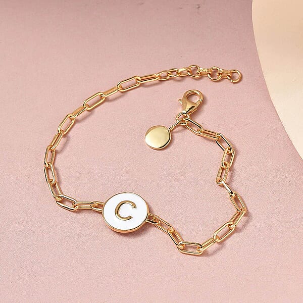 D'Joy Intial C Paper Clip Bracelet Vermeil Yellow Gold Over Sterling Silver Bracelet Intial Bracelet White Enamel Coin Bracelet (7.25 In) 6 Grams