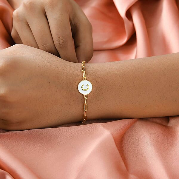 D'Joy Intial C Paper Clip Bracelet Vermeil Yellow Gold Over Sterling Silver Bracelet Intial Bracelet White Enamel Coin Bracelet (7.25 In) 6 Grams