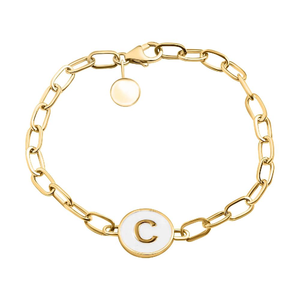 D'Joy Intial C Paper Clip Bracelet Vermeil Yellow Gold Over Sterling Silver Bracelet Intial Bracelet White Enamel Coin Bracelet (7.25 In) 6 Grams